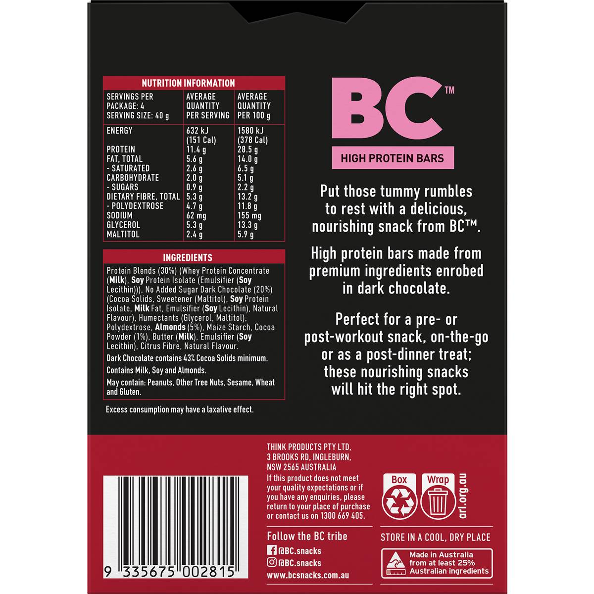 BC Snacks High Protein Dark Chocolate Almond Bars Multipack 40g x 4 Pack