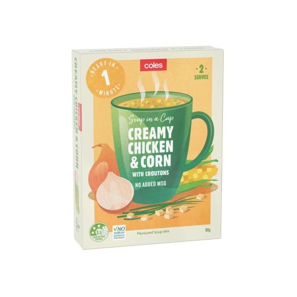 COLES 2 SERVE SOUP CHICKEN CORN W CROUTONS 60 GRAM