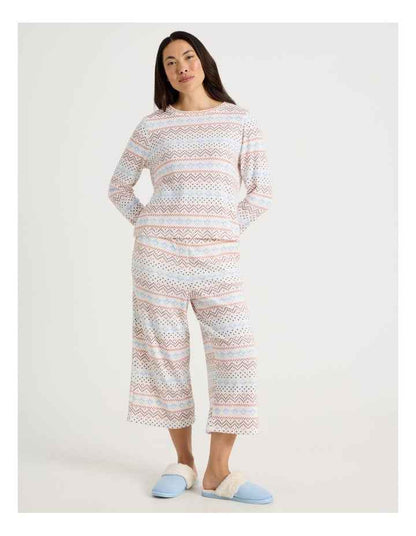 Crew Neck Long Sleeve Pyjama Set in Winter Farisle Print