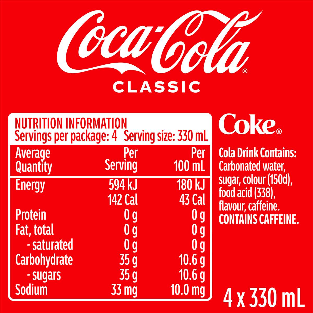 Coca-Cola Classic Soft Drink Multipack Glass Bottles 4 x 330mL