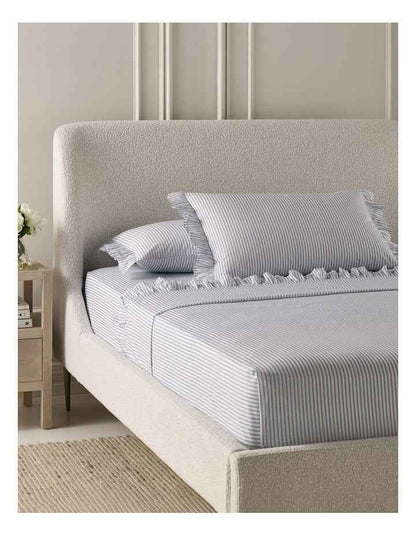 Printed Cotton Ruffle Sheet Set in Blue Stripe