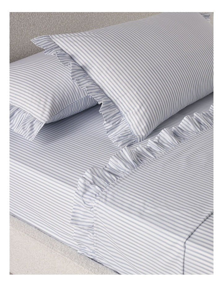 Printed Cotton Ruffle Sheet Set in Blue Stripe