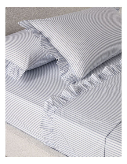 Printed Cotton Ruffle Sheet Set in Blue Stripe