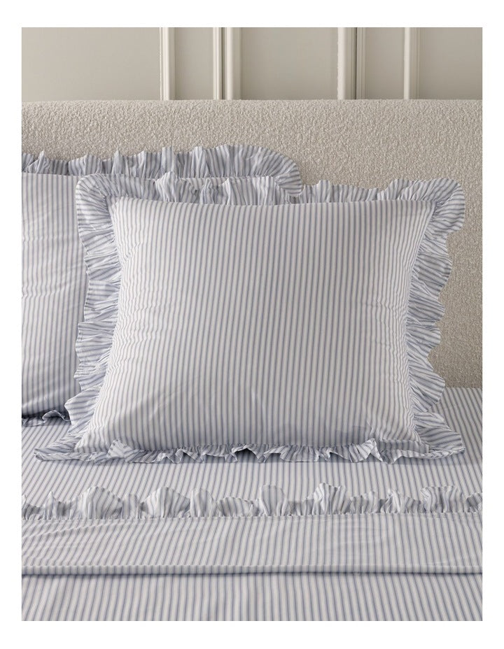 Printed Cotton Ruffle Sheet Set in Blue Stripe