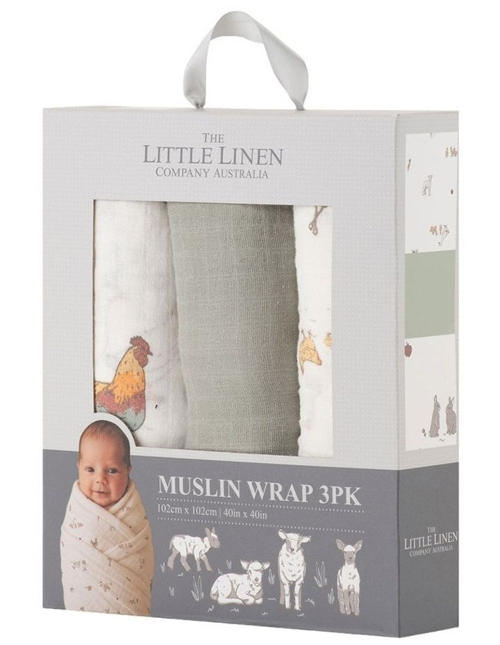 Muslin Wraps Pack of 3 in Farmyard Lamb