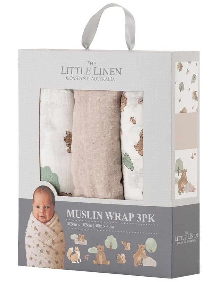 Muslin Wraps Pack of 3 in Bushland Bear