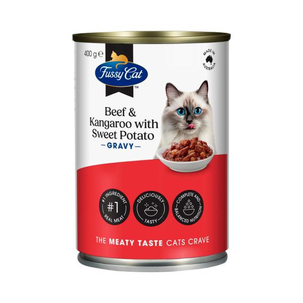 FUSSY CAT GRAIN FREE ADULT WET CAT FOOD BEEF & KANGAROO WITH SWEET POTATO 400G