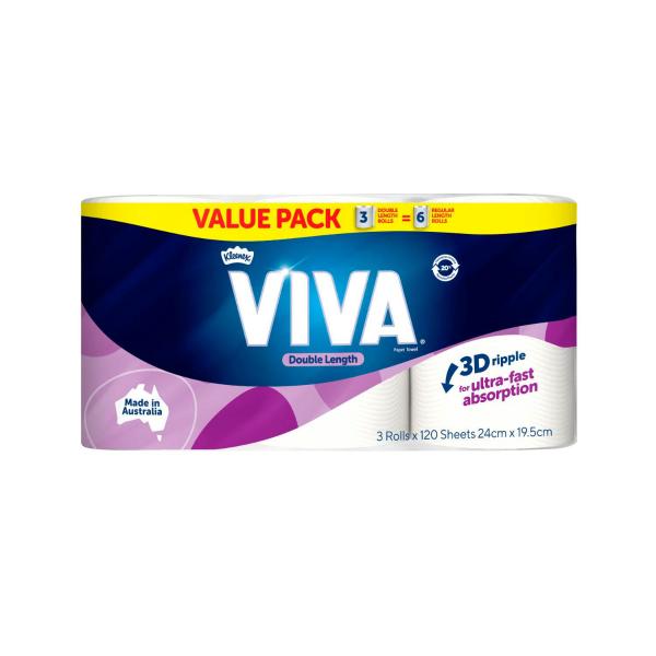 VIVA PAPER TOWEL DOUBLE LENGTH WHITE 3 PACK