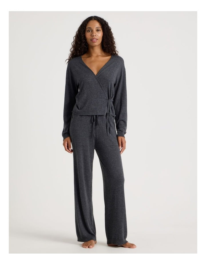 Cosy Scallop Edge Knit Wide Leg Pant in Charcoal Marle