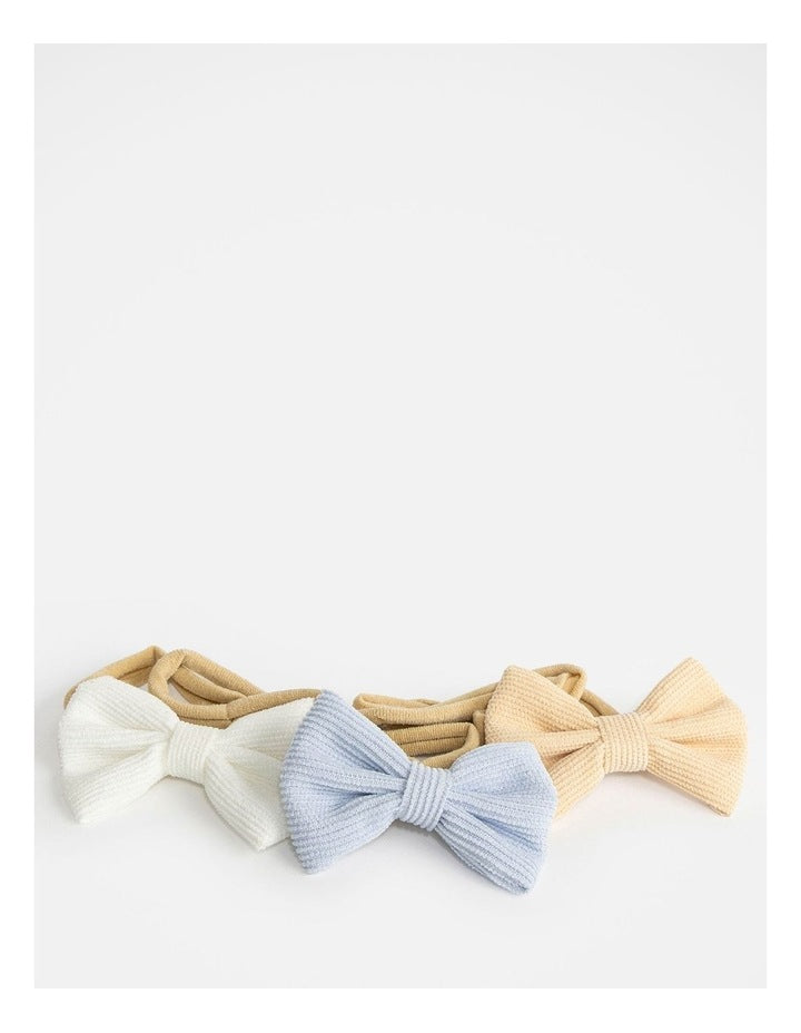 Wishes Baby 3 Pack Ribbed Bow Headbands - White, Beige & Blue
