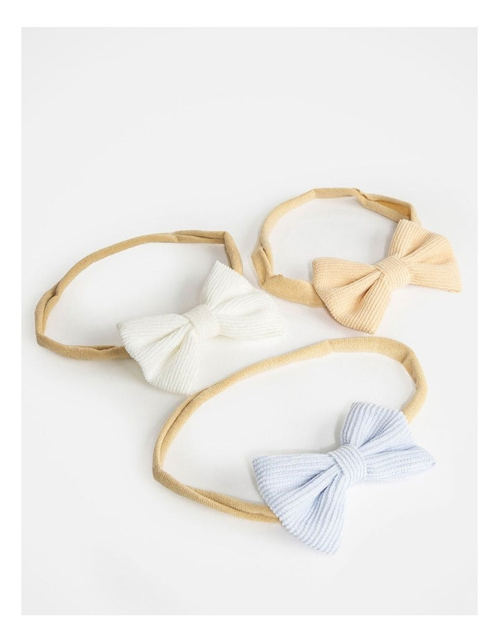 Wishes Baby 3 Pack Ribbed Bow Headbands - White, Beige & Blue