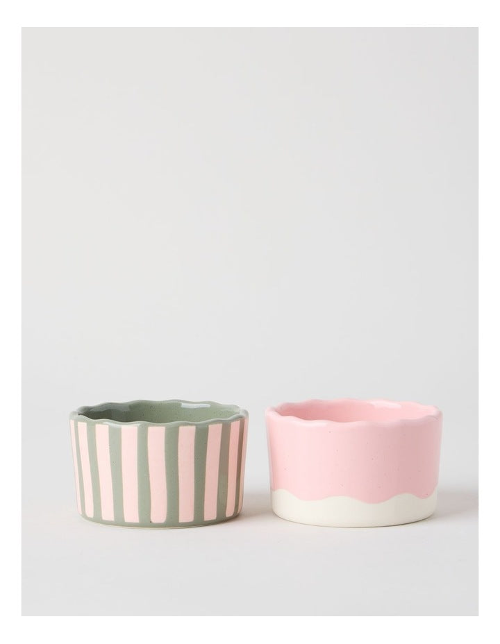 Ramekin Set of Two in Pink, Green, and White