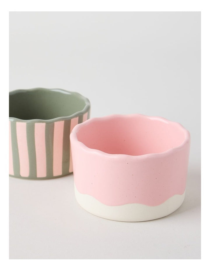 Ramekin Set of Two in Pink, Green, and White