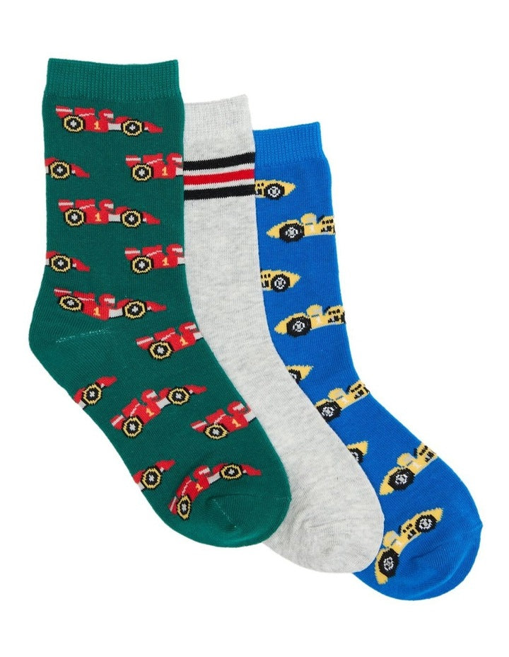 Kids Patterned Crew Socks 3 Pack in Green/Blue