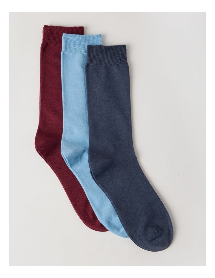 3 Pack Australian Cotton Plain Socks in Blue, Prune, & Pewt