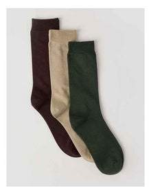 3 Pack Australian Cotton Plain Socks in Dark Chocolate, Soft Sand, and Khaki
