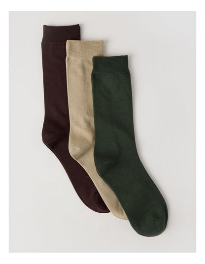3 Pack Australian Cotton Plain Socks in Dark Chocolate, Soft Sand, and Khaki