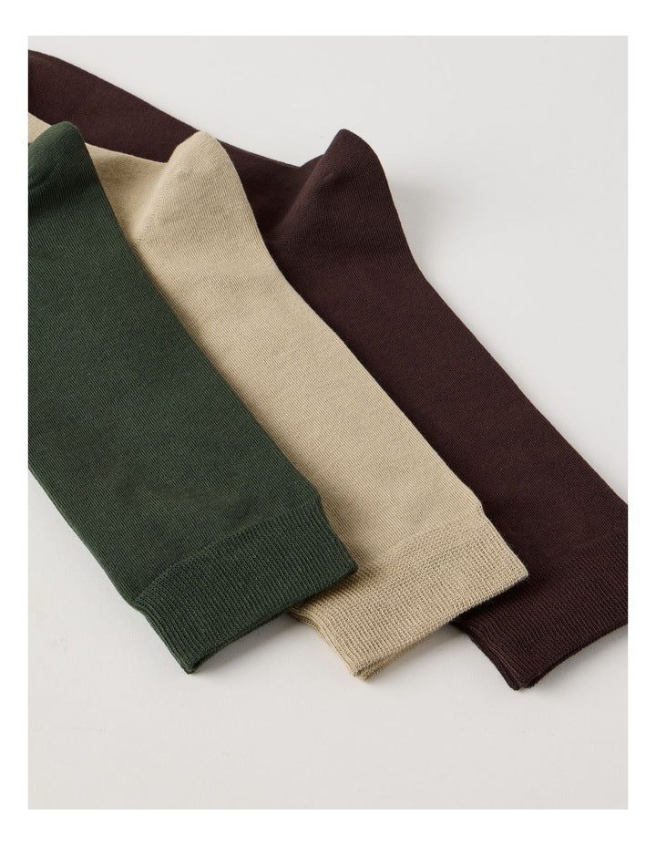 3 Pack Australian Cotton Plain Socks in Dark Chocolate, Soft Sand, and Khaki