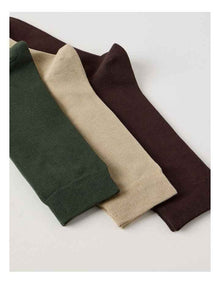 3 Pack Australian Cotton Plain Socks in Dark Chocolate, Soft Sand, and Khaki