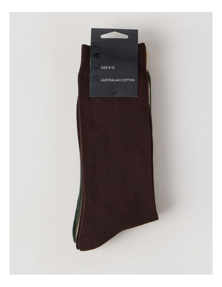 3 Pack Australian Cotton Plain Socks in Dark Chocolate, Soft Sand, and Khaki