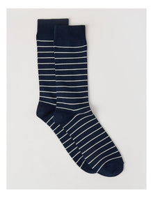Australian Cotton Narrow Stripe Socks in Navy & Soft Sand