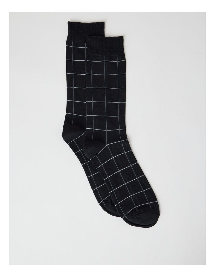 Australian Cotton Window Check Socks in Black and Charcoal