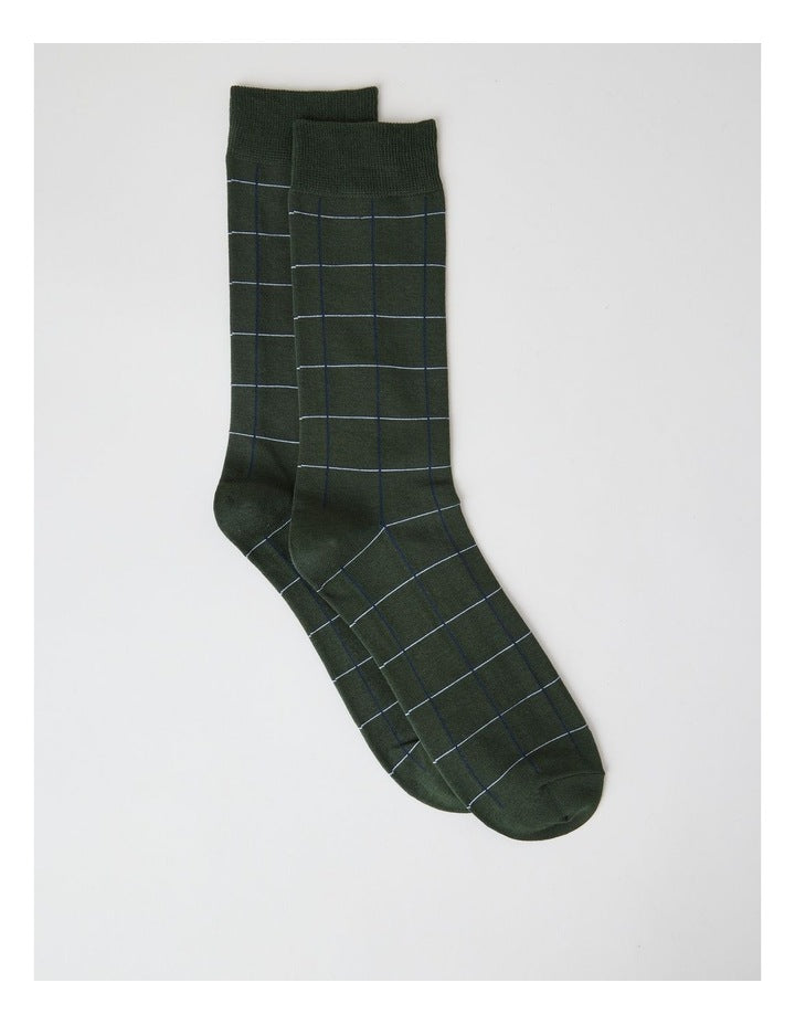 Australian Cotton Window Check Socks in Green Slate and Navy