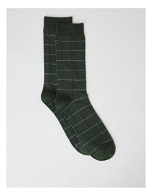 Australian Cotton Window Check Socks in Green Slate and Navy
