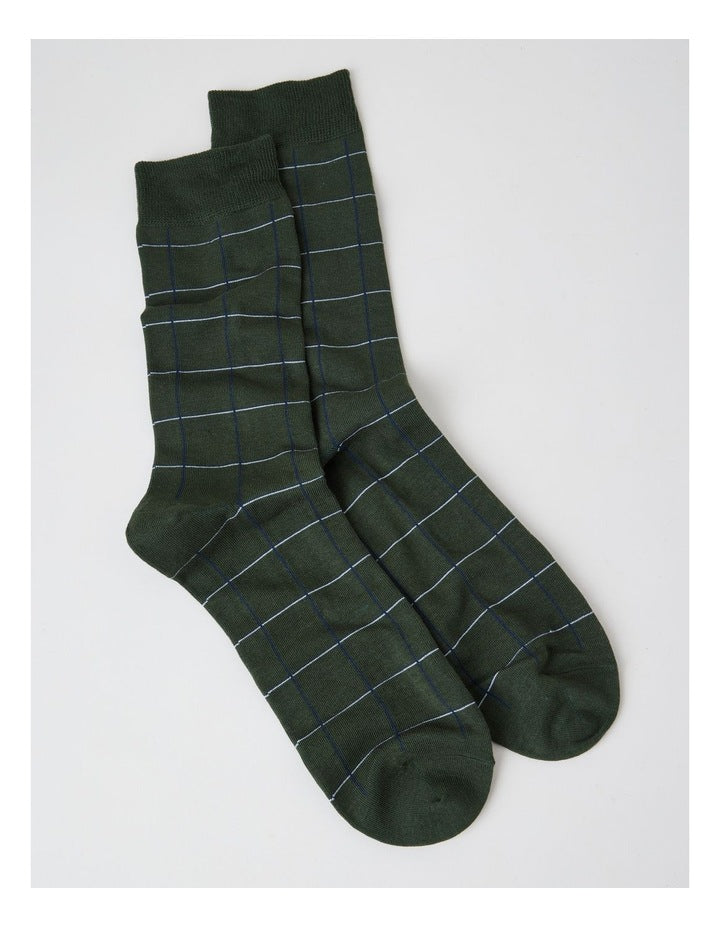 Australian Cotton Window Check Socks in Green Slate and Navy