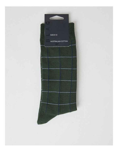 Australian Cotton Window Check Socks in Green Slate and Navy