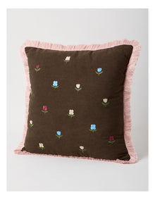 Ditsy Floral Embroidered Cushion in Brown