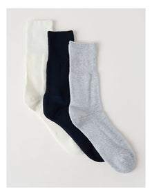 3 Pack Loose Top Crew Sports Socks in Ivory, Navy, and Grey