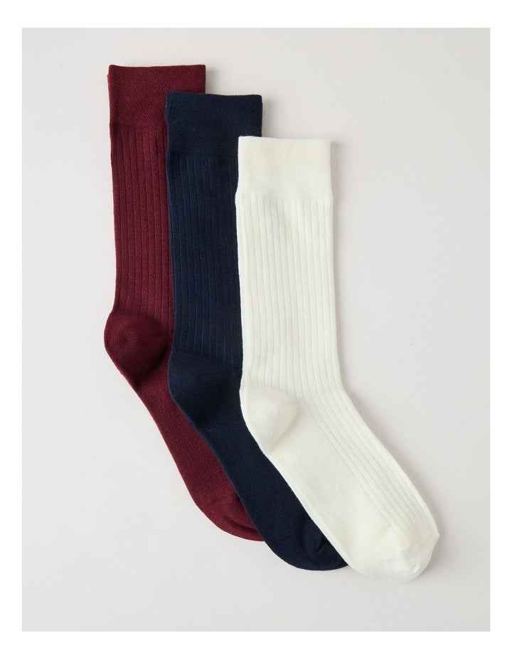 3 Pack Soft Top Rib Socks in Plum, Ivory and Navy