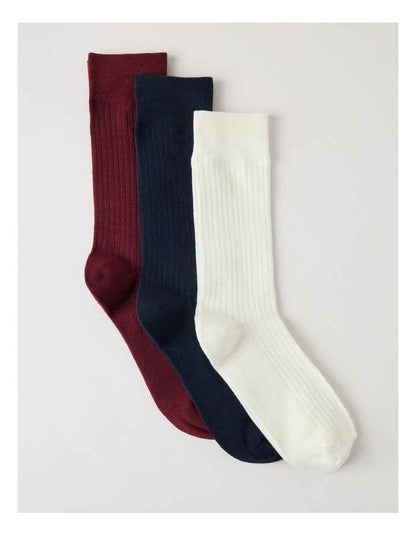 3 Pack Soft Top Rib Socks in Plum, Ivory and Navy