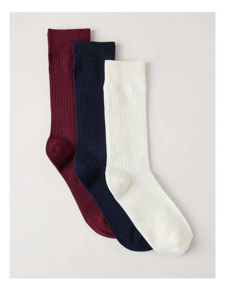3 Pack Soft Top Rib Socks in Plum, Ivory and Navy