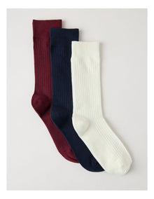 3 Pack Soft Top Rib Socks in Plum, Ivory and Navy