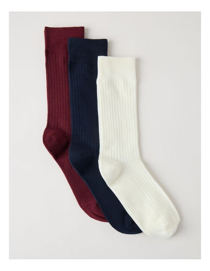 3 Pack Soft Top Rib Socks in Plum, Ivory and Navy