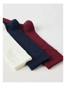 3 Pack Soft Top Rib Socks in Plum, Ivory and Navy