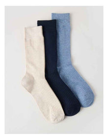 3 Pack Soft Top Rib Socks in Oatmeal, Denim, and Sky