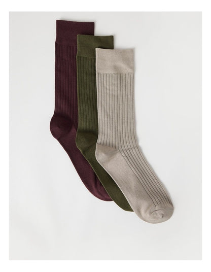 3 Pack Soft Top Rib Socks in Cobblestone, Forest, and Burgundy