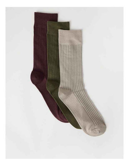 3 Pack Soft Top Rib Socks in Cobblestone, Forest, and Burgundy
