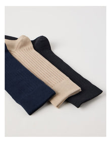 3 Pack Soft Top Rib Socks in Black, Sand, and Denim