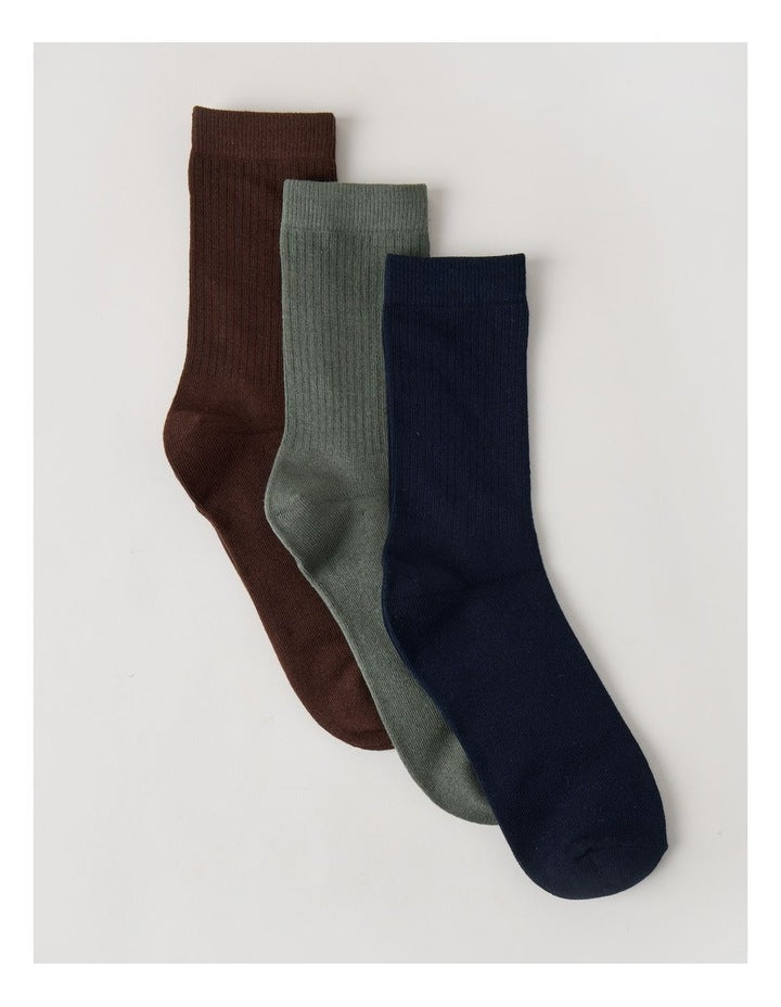 3 Pack Colour Crew Sport Socks in Warm Dark Brown, Olive, and Navy