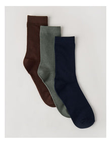 3 Pack Colour Crew Sport Socks in Warm Dark Brown, Olive, and Navy
