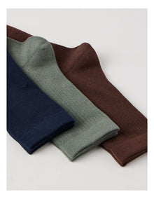 3 Pack Colour Crew Sport Socks in Warm Dark Brown, Olive, and Navy