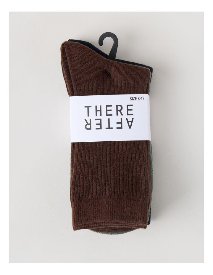 3 Pack Colour Crew Sport Socks in Warm Dark Brown, Olive, and Navy