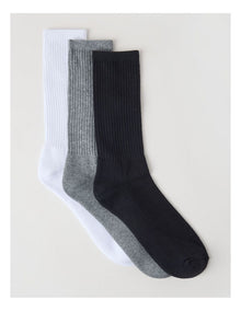 3 Pack Sports Crew Socks in Black, Grey, & White.