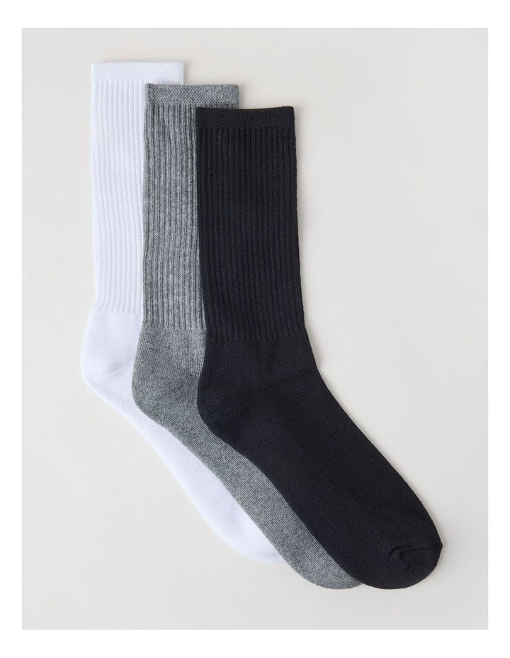 3 Pack Sports Crew Socks in Black, Grey, & White.