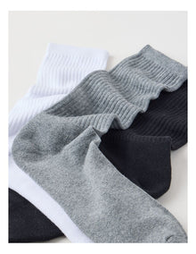 3 Pack Sports Crew Socks in Black, Grey, & White.