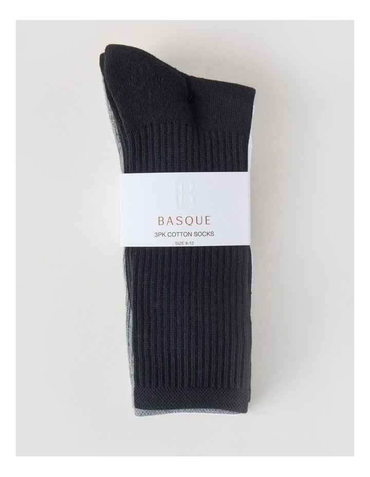 3 Pack Sports Crew Socks in Black, Grey, & White.